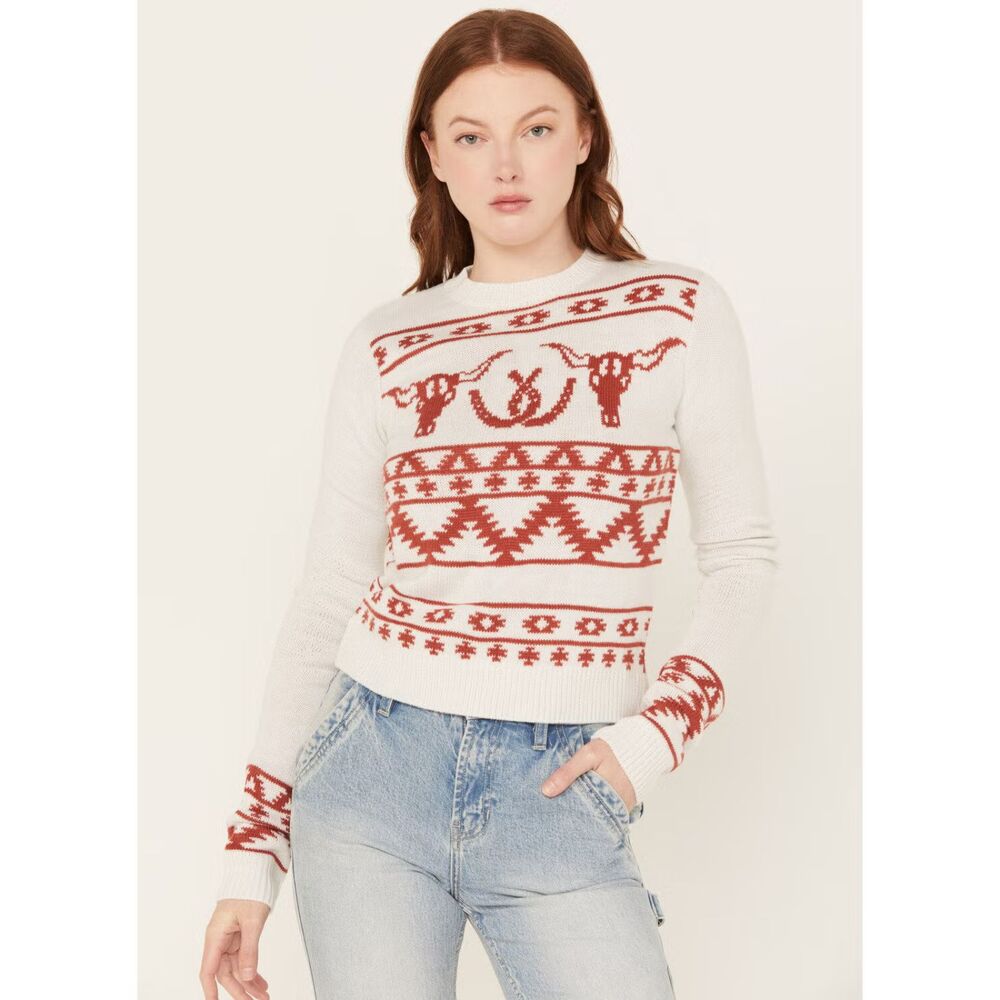 Wrangler Retro Southwestern Longhorn Horseshoe Long Sleeve Sweater L Cowgirl